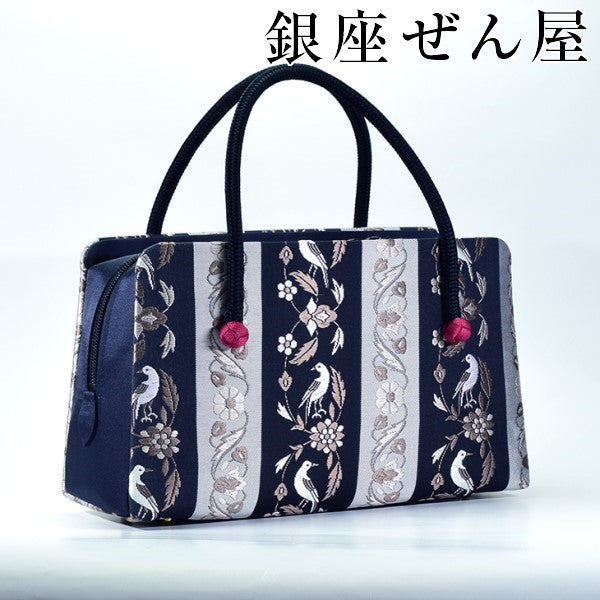 おしゃれ用 正絹 ボストン型バッグ 花鳥<br>【 おしゃれバッグ 和装バッグ 】みそのバッグ 利休バッグ 女性 レディース 草履 カジュアル セミフォーマル バッグセット 紬 絣 小紋 訪問着 普段着 成人式 着物 バッグ プレゼント 結婚式 【銀座 ぜん屋】